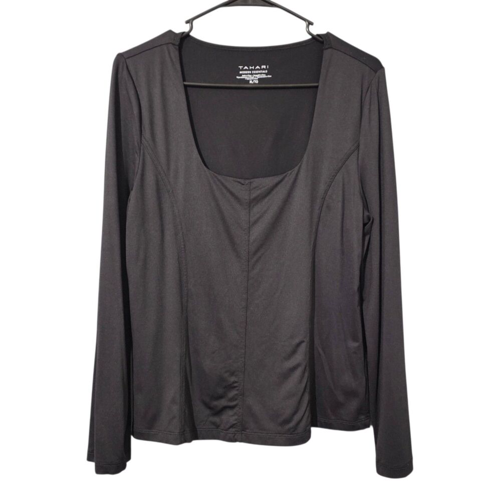 Tahari T-Shirt Women's XL Black Square Neck Long Sleeve Modern Essentials